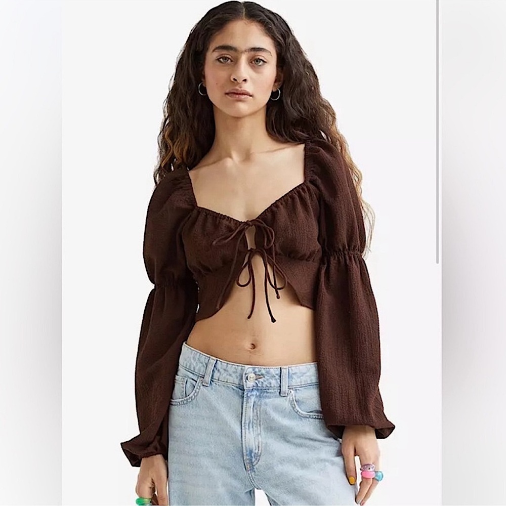 H&M Divided Brown Long Sleeve‎ Lace Up Boho Crop Top Size Small
